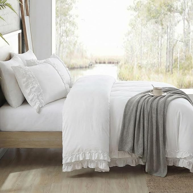 Bedorm White Ruffle Duvet Cover Queen Shabby Chic Bedding Set Pleat Ruffled Farmhouse Pure White Comforter Cover Extra Soft & Easy Care Boho Duvet Cover Set