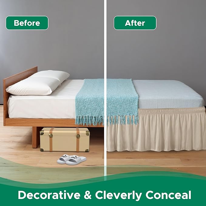 Biscaynebay Wrap Around Bed Skirts for King & Cal King Beds 16" Drop, Light Camel Adjustable Elastic Dust Ruffles Easy Fit Wrinkle & Fade Resistant Silky Luxurious Fabric Solid Machine Washable