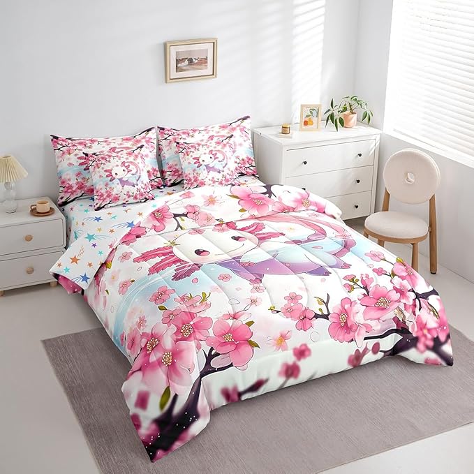 Feelyou Boys Girls Cute Axolotl 7 Pieces Bedding Sets King Size, Cartoon Salamander Bed in A Bag Ocean Sealife Comforter Set with Sheets Kids Kawaii Teens Bed Set Bedroom Decor