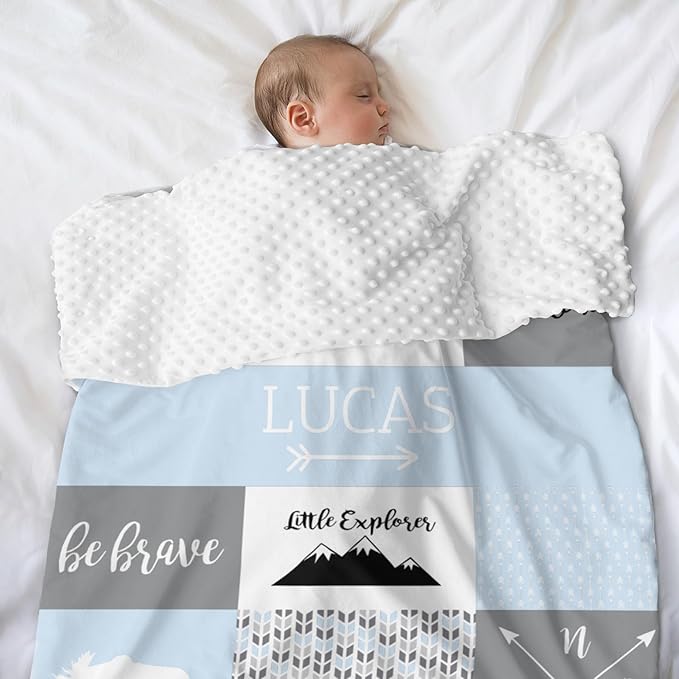 Personalized Baby Blanket Cute Animal Blanket for Boys - Soft Double Layer with Dotted Backing, Toddler to Newborn, Shower Gifts, Light Blue (35 X 45 inches)