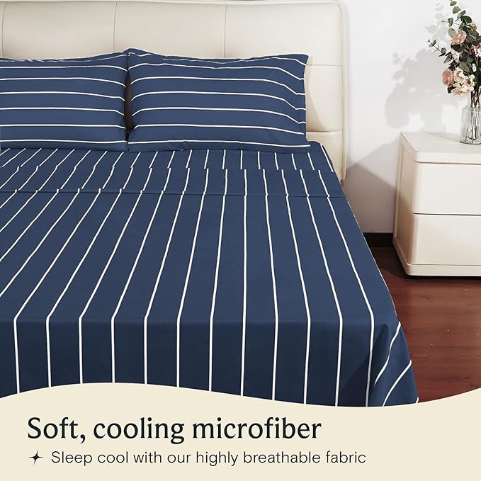 LuxClub 4 PC Full Size Sheet Set, Breathable Luxury Bed Sheets, Deep Pockets 18" Wrinkle Free Cooling Machine Washable Hotel Bedding (Striped Navy)