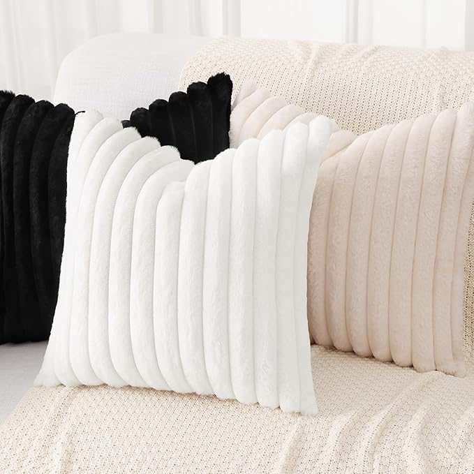 decorUhome Cozy Faux Fur Spring Throw Pillow Covers 16x16 Set of 2 Decorative Soft Plush Striped Modern Farmhouse Boho Couch Pillow Cases with Velvet Back for Sofa Bed Living Room, White