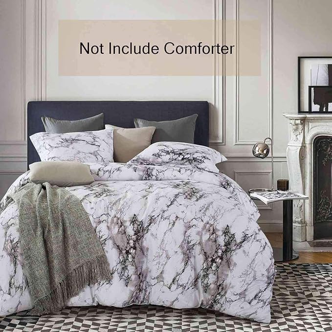 Nanko Twin Bedding Duvet Cover Set White and Black Marble Printed, 2 Piece - 1000 TC Luxury Microfiber Down Comforter Quilt Cover with Zipper Closure, Ties - Modern Style for Men and Women