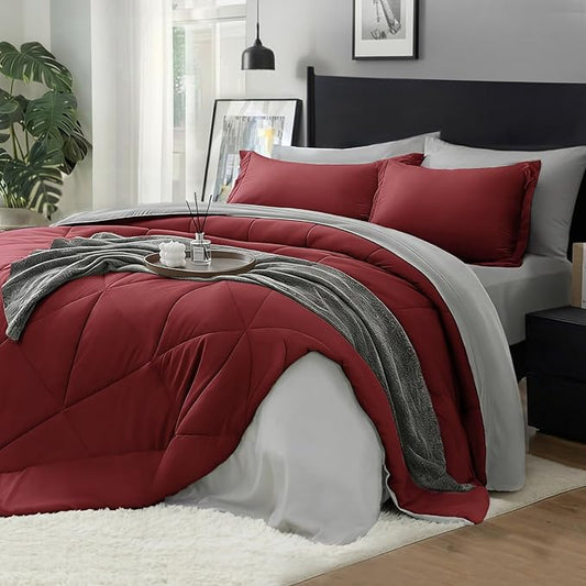 BEDELITE King Size Comforter Set 7 Pieces Bed in A Bag - Soft Microfiber Reversible Burgundy Bed Set with Comforters, Sheets, Pillowcases & Shams, Cozy Luxury Bedding Sets for All Season