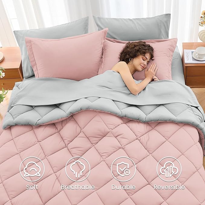 MUXHOMO 7 Pieces King Comforter Set, Reversible Bed in a Bag King Size, All Season Bedding Set with Comforter, Flat Sheet, Fitted Sheet, Pillowcases & Shams, Pink & Light Grey