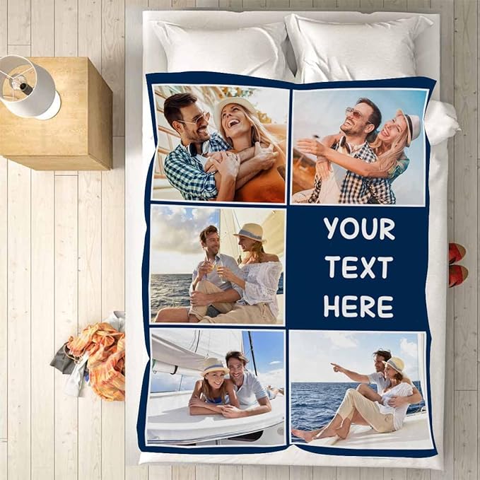 Customized Flannel Picture Blanket, 5 Photos Personalized Blanket Customized Gifts Gifts for Wife Husband Her Him Anniversary Wedding Couple Gifts