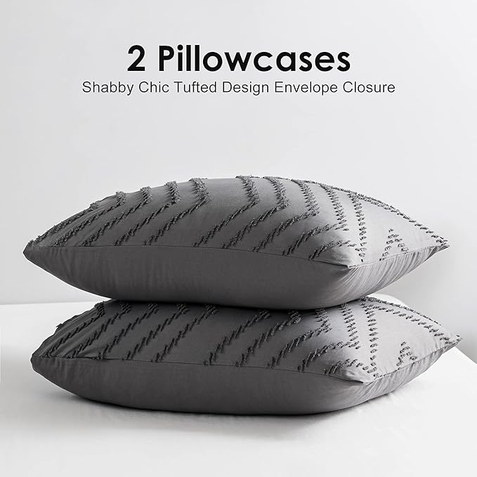 WARMDERN Boho Duvet Cover Set, Tufted Bedding Duvet Covers Soft Washed Microfiber Duvet Cover King Size, 3 Pieces Embroidery Shabby Chic Duvet Cover with Zipper Closure(Grey, King)