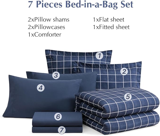 Plaid Full Size Comforter Set Dark Blue, Reversible Checkered Bedding Set 7 Pieces for Boys Girls Teen, Lightweight Bed in a Bag for Dorm with Sheets, Pillowcases & Shams