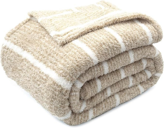 DEZ FURNISHINGS Oversized Cozy Knit Look Cloud-Soft Plush Printed Fleece Throw Blanket, Lightweight & Breathable, Queen (90" x 90"), Khaki Stripe