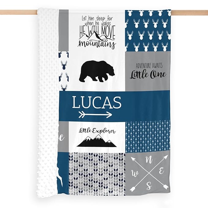 Custom Bear Baby Blanket for Boy, Litter One Blanket with Name - 35 x 45 Blankets with Double Layer Dotted Backing - Shower Gifts for Nursery - Essential Baby Stuff, Dark Slate Blue