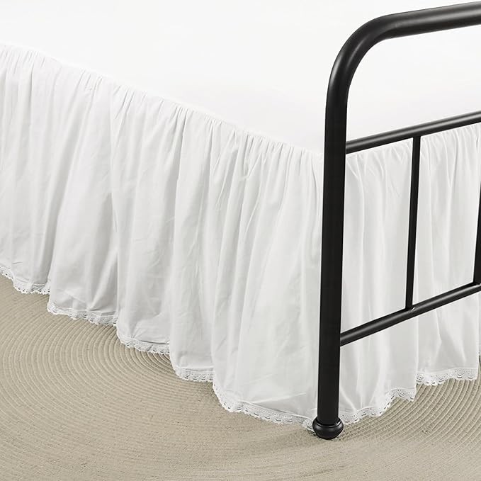 King Size 14" Drop - White Lightweight Cotton Bed Skirt with Crochet Trim - Dust Ruffle with Split Corner - Soft, Elegant, Breathable Bedding Accessory