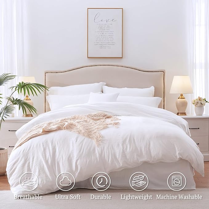 MILDLY Super Soft Duvet Cover - 100% Washed Microfiber Bright White Comforter Cover Set 3 Pieces with Zipper Closure & Corner Ties (No Comforter)