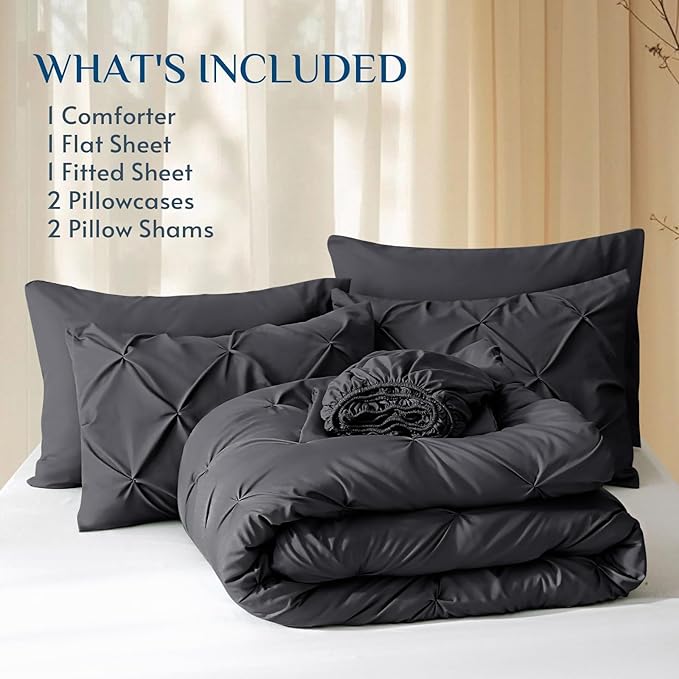 JOLLYVOGUE California King Comforter Set 7 Pieces - Bed in a Bag Cal King for All Season, Pintuck Bedding Comforter Sets with Comforter, Flat Sheet, Fitted Sheet and Pillowcases & Shams, Dark Grey