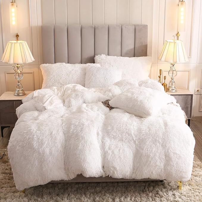 Uhamho Faux Fur Velvet Fluffy Bedding Duvet Cover Set Down Comforter Quilt Cover with Pillow Sham, Ultra Soft Warm (White, Twin)