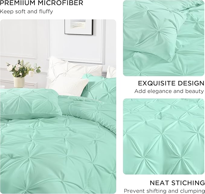 Andency Mint Green Pinch Pleat Comforter Full(79x90Inch), 3 Pieces(1 Down Alternative Comforter and 2 Pillowcases) Mint Green Bed Set Microfiber Pintuck Bedding Set