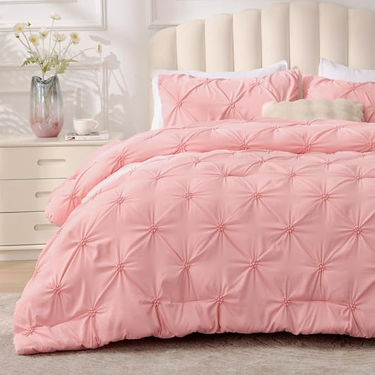 BEDELITE Pink King Size Comforter Set - 3 Pieces Boho Pintuck Bedding Comforter Sets, Lightweight Soft & Warm King Bedding Set with 2 Pillowcases for All Season