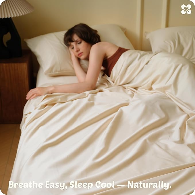 Bedsure Cooling Sheets Queen Size, Rayon Derived from Bamboo & Cotton Blend, GentleSoft, Breathable, Queen Sheet Set, Deep Pocket Up to 18 Inches, Hotel Luxury Bedding for Hot Sleepers, Beige