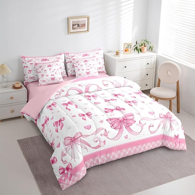 Feelyou Pink Bowknot Comforter Set with Sheets 7 Piece Twin Size Dreamy Princess Bed in a Bag Kids Boys Girls Cute Bow Bedding Set Love Hearts Bedroom Decor Breathable Soft Lightweight Microfiber