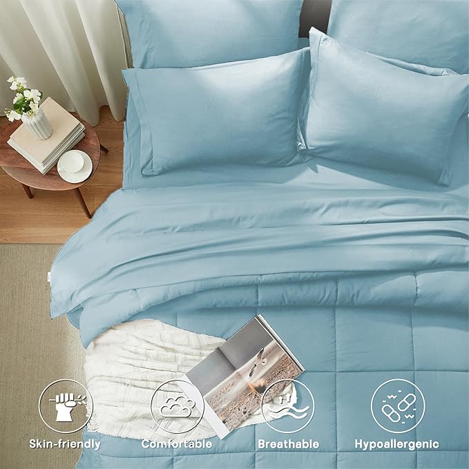 Anluoer California King Size Bed in a Bag 7 Pieces,Light Blue Cal King Comforter Set with Sheets,All Season Bedding Sets with Comforter,Pillow Shams,Pillowcases,Flat Sheet,Fitted Sheet