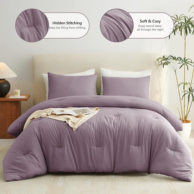 CozyLux Full Size Comforter Set Dusty Purple, 3 Pieces Solid Breathable Quilted Bedding Sets, Luxury Fluffy Soft Bed Set with Down Alternative Comforter for All Season (1 Comforter & 2 Pillowcases)