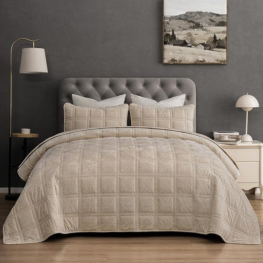 PHF Ultra Soft Velvet Quilt Set Queen Size – 3PCS Luxurious Cozy Quilted Comforter Alternative with Diamond Pattern, Warm Quilted Bedspread Coverlet, 90" x 92", Oxford Tan
