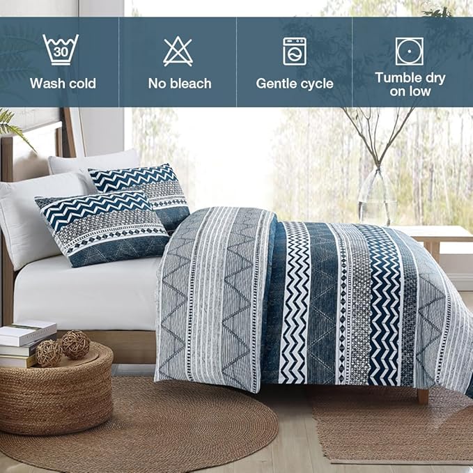 Lekesky Duvet Cover Queen Size, Soft Microfiber Boho Aztec Quilt Cover Set Blue Bohemian Queen Bedding Duvet Cover Sets with Zipper Closure Corner Ties (No Comforter)