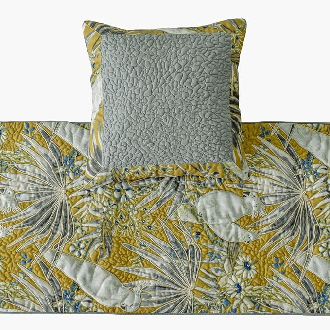 The HomeCentric King/Queen/Twin Grey & Yellow Decorative Queen 74"x18" Bed Runner with 2 Pillow Cover, Cockatoo Bird & Quilted Bed Scarf on Cotton Fabric - Cockatoo Love