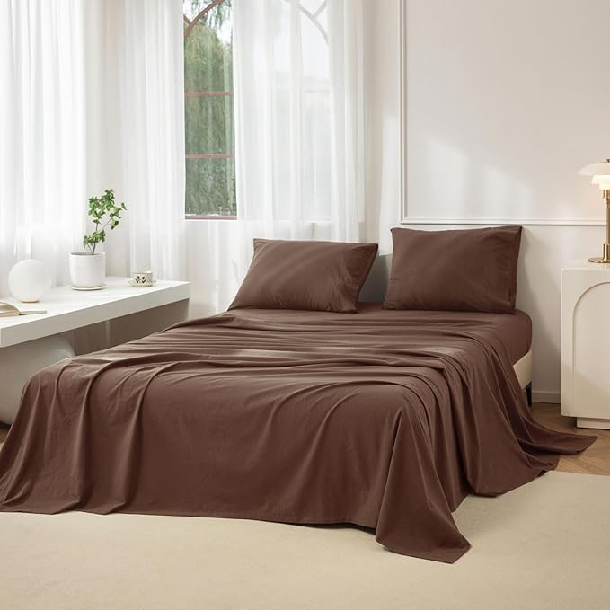 JIYUAN 100% Washed Cotton Sheet Set 4 Pieces Full,1 Fitted Sheet,1 Flat Sheet and 2 Pillowcases,Comfy and Breathable Linen Like Bedding Set,Chocolate Brown