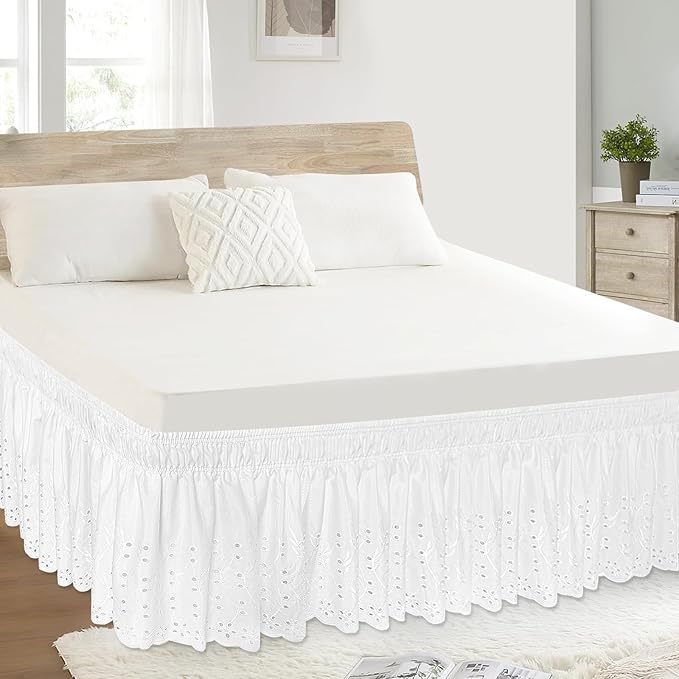 Full Bed Skirt, Wrap-Around Elastic Ruffled Eyelet Bed Skirt Full Size Dust Ruffle with Gathered Styling and Embroidered Details, 14" Drop Length (White)