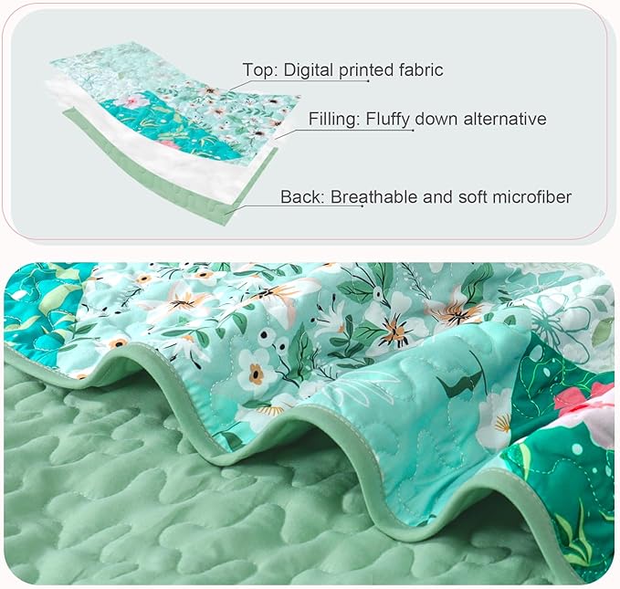 Whale Flotilla Patchwork Quilt King Size, Extra Soft Boho Floral Bedspreads for Bed Reversible Lightweight King Quilt Bedding Set Printed Coverlets with 2 Pillow Shams for All Seasons, Green
