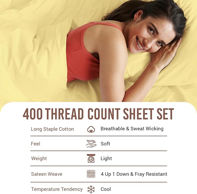 Pizuna Pure 100% Cotton Bed Sheets Set King Size Mellow Yellow, Luxurious 400 Thread Count Long Staple Cotton Sateen King Sheets with 15" Deep 2 Extra Pillowcase (Combed Cotton Bed Sheet Set)