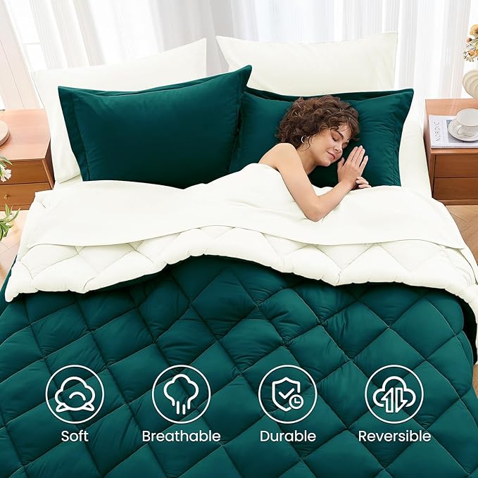 MUXHOMO 7 Pieces Queen Comforter Set, Reversible Bed in a Bag Queen Size, All Season Bedding Set with Comforter, Flat Sheet, Fitted Sheet, Pillowcases & Shams, Peacock Blue & Ivory