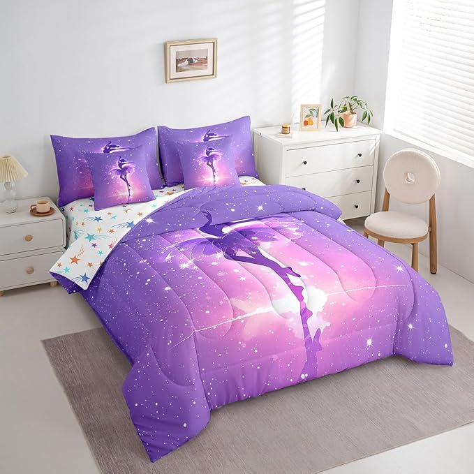 Feelyou Kids Ballet Dancer Bed in A Bag King Size, Ballerina 7 Pieces Bedding Set Boys Girls Dreamy Princess Comforter Set with Sheets Dancing Teens Bed Set Bedroom Decor 7Pcs