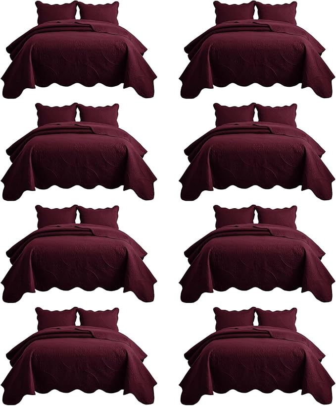 MOONLIGHT20015 8 Pack Quilt King Size Bedding (106" x 96") - Bulk Wholesale for Hotels, Guest Bedroom & Airbnbs - Lightweight Microfiber Reversible Floral Embossed Quilts Bedspreads (Burgundy)