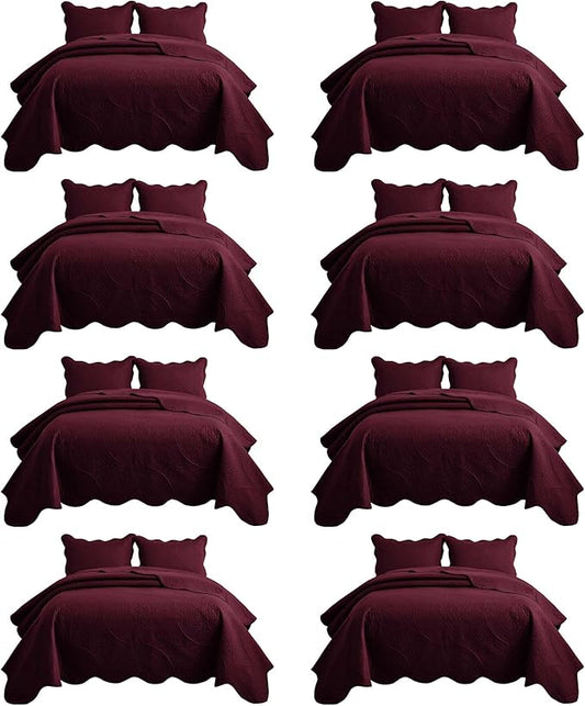 MOONLIGHT20015 8 Pack Quilt King Size Bedding (106" x 96") - Bulk Wholesale for Hotels, Guest Bedroom & Airbnbs - Lightweight Microfiber Reversible Floral Embossed Quilts Bedspreads (Burgundy)
