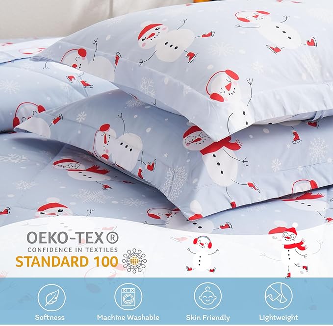 JSD Blue Snowman Kids Comforter Set Queen Size, 3 PC Christmas Winter Printed Microfiber Bedding Set for Boys Girls Teens