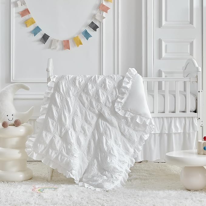 Ruffled Crib Bedding Set Baby Boho Quilted Comforter with Fitted Sheet and Bed Skirt - Cute Soft Breathable Seersucker Ruffled Shabby Chic Bedding Soft Blanket Design - White
