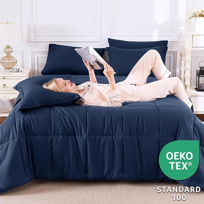 CozyLux Oversized Queen Comforter Sets Navy Blue, 7 Pieces Bed in a Bag, 98x98 Box Stitched Design Bedding Set, All Season Soft Bed Set with Down Alternative Comforter, Sheets, Pillowcases & Shams