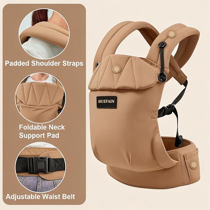 Baby Carrier (7–44lbs), Soft Breathable Double-Shoulder Carrier with Adjustable Support, Ergonomic Design for Hip Positioning, Comfort Waist Support, Lightweight Hands-Free Baby Carrier (Brown)
