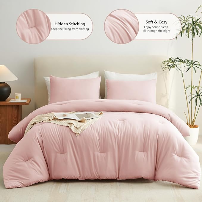 CozyLux Blush Pink Comforter Set Twin/Twin XL Size, 2 Pieces Twin Extra Long Solid Breathable Quilted Bedding Sets, Luxury Soft Bed Set with Down Alternative Comforter and 1 Pillowcase All Season