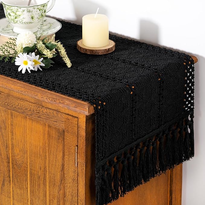 Socomi Boho Table Runner Macrame Easter Spring Farmhouse Woven Cotton Linen Rustic Coffee Table Runner with Tassels for Small Dresser Scarf Home Decor Dining Room 12x72 inch Black