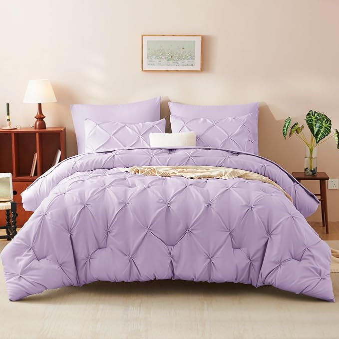 King Comforter Set Lavender, 7 Pieces Pintuck Bed in A Bag King Size Bedding, Soft Bed Set All Season Pinch Pleat Comforter Set with Sheets, Pillowcases & Shams