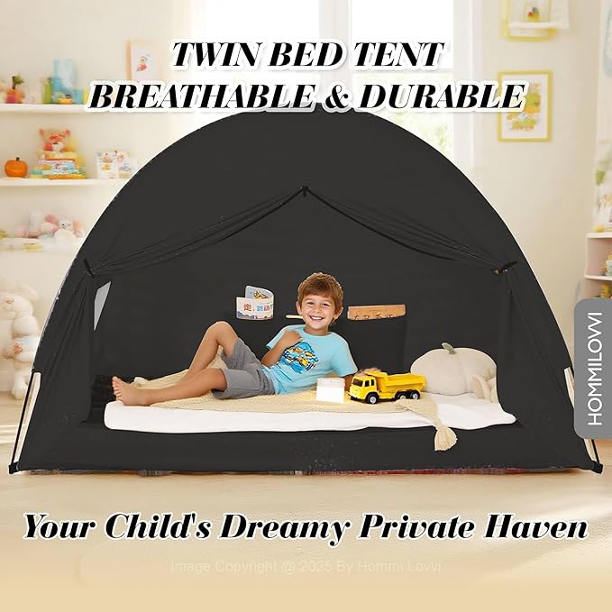 Twin Bed Tent for Boys, Indoor Blackout Sleeping Tent with Dreamy Canopy, Breathable Privacy Bunk Beds, Ideal for Drafty Rooms or Cottage-Style Spaces, Black