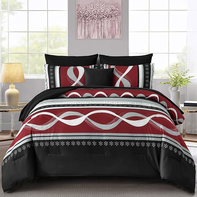 Burgundy Comforter Set Full Size,8 Pieces Striped Bed in a Bag,Patchwork Comforter with Sheets Set Soft Microfiber Boho Bedding Sets(78"×90")