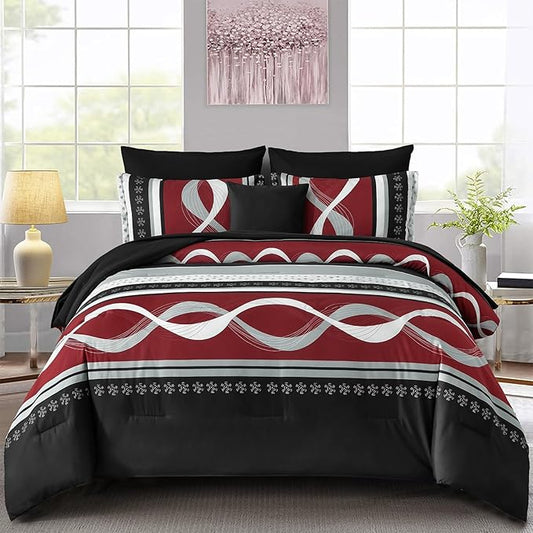 Burgundy Comforter Set Full Size,8 Pieces Striped Bed in a Bag,Patchwork Comforter with Sheets Set Soft Microfiber Boho Bedding Sets(78"×90")