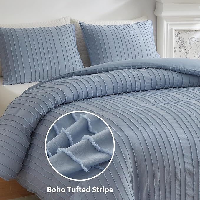 WARMDERN Blue Tufted Duvet Cover Set Queen Size, Striped Textured Duvet Cover Boho Bedding Set, 3 Pcs Ultra Soft Washed Microfiber Duvet Cover with Zipper Closure (Queen, Blue)
