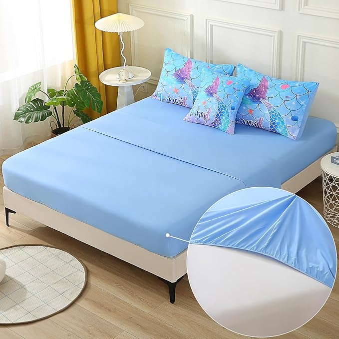 JQinHome Mermaid Comforter Set Queen Size, 6 Piece Mermaid Tail Bed in A Bag,3D Colorful Mermaid Bedding Set for Girls Kids, Sparkle Teal Bedroom Decor Bedding Set with Sheets (Blue)