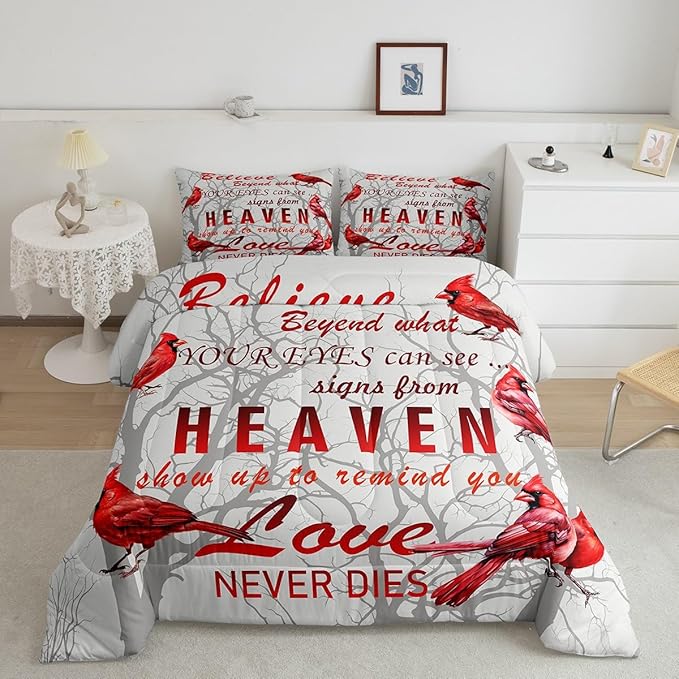 Feelyou Cardinal Bird Comforter Set Full Size Farmhouse Red Birds Bedding Set for Girls Boys Women Men Tree Branches Decor Comforter Nature Comforter with 2 Pillow Case