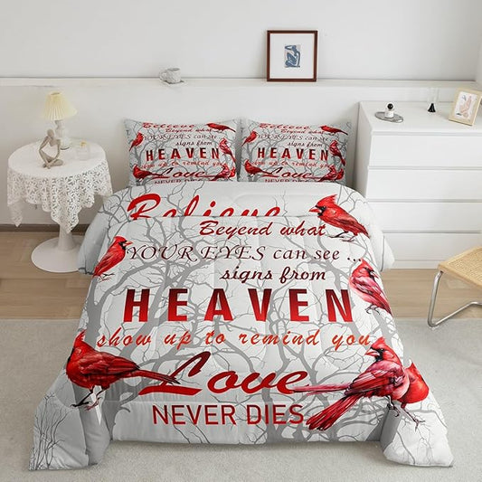Feelyou Cardinal Bird Comforter Set Full Size Farmhouse Red Birds Bedding Set for Girls Boys Women Men Tree Branches Decor Comforter Nature Comforter with 2 Pillow Case