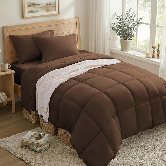 Anluoer Twin Size Bed in a Bag 5 Pieces, Brown Bed Comforter Set with Sheets, All Season Bedding Sets with 1 Comforter, 1 Pillow Sham, 1 Pillowcase, 1 Flat Sheet, 1 Fitted Sheet